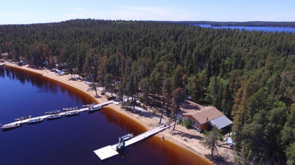 Aerial view of the lakefront at Anglers Kingdom Lodge