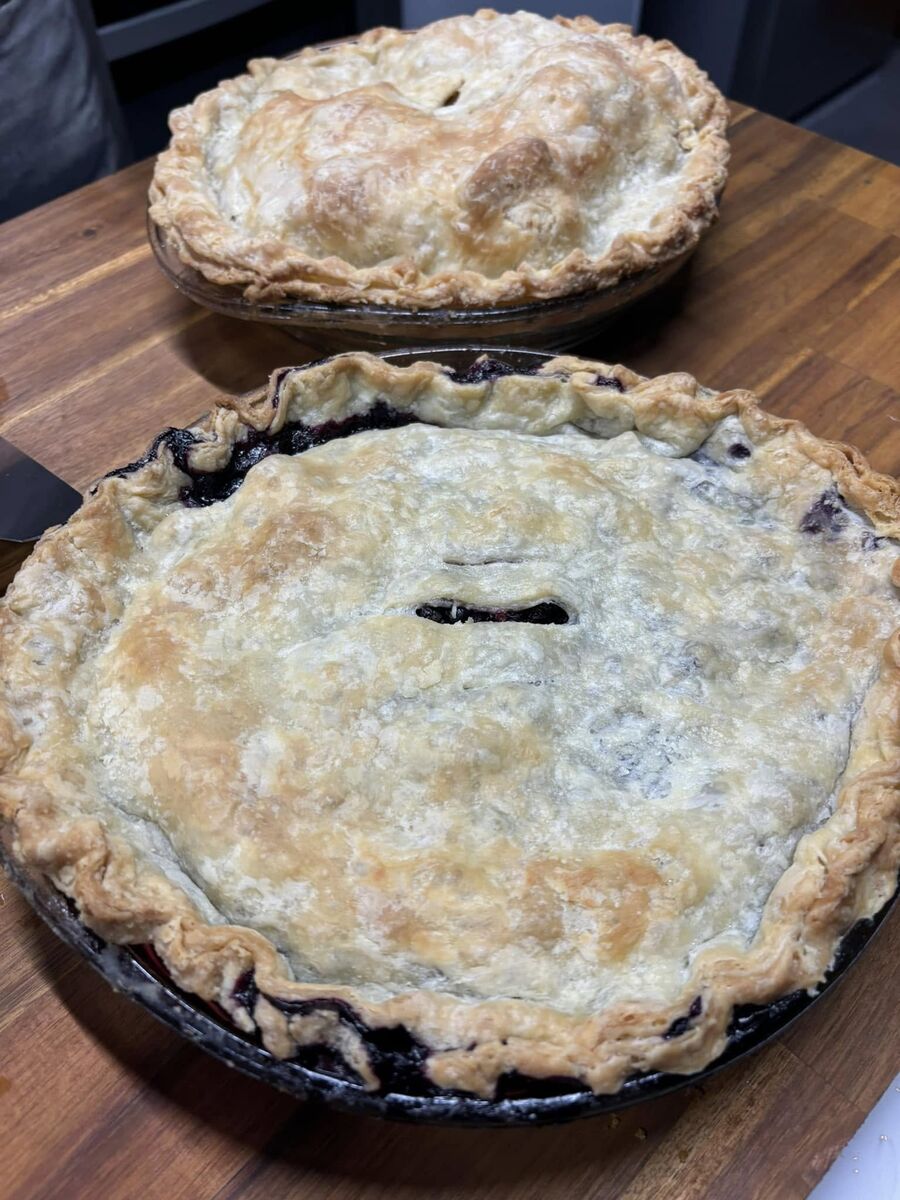 Homemade cooking includes wild blueberry pies.