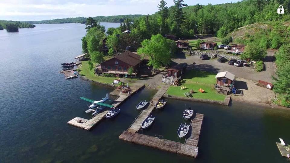 Drone view of True North Cabins on Clearwater Lake, Ontario